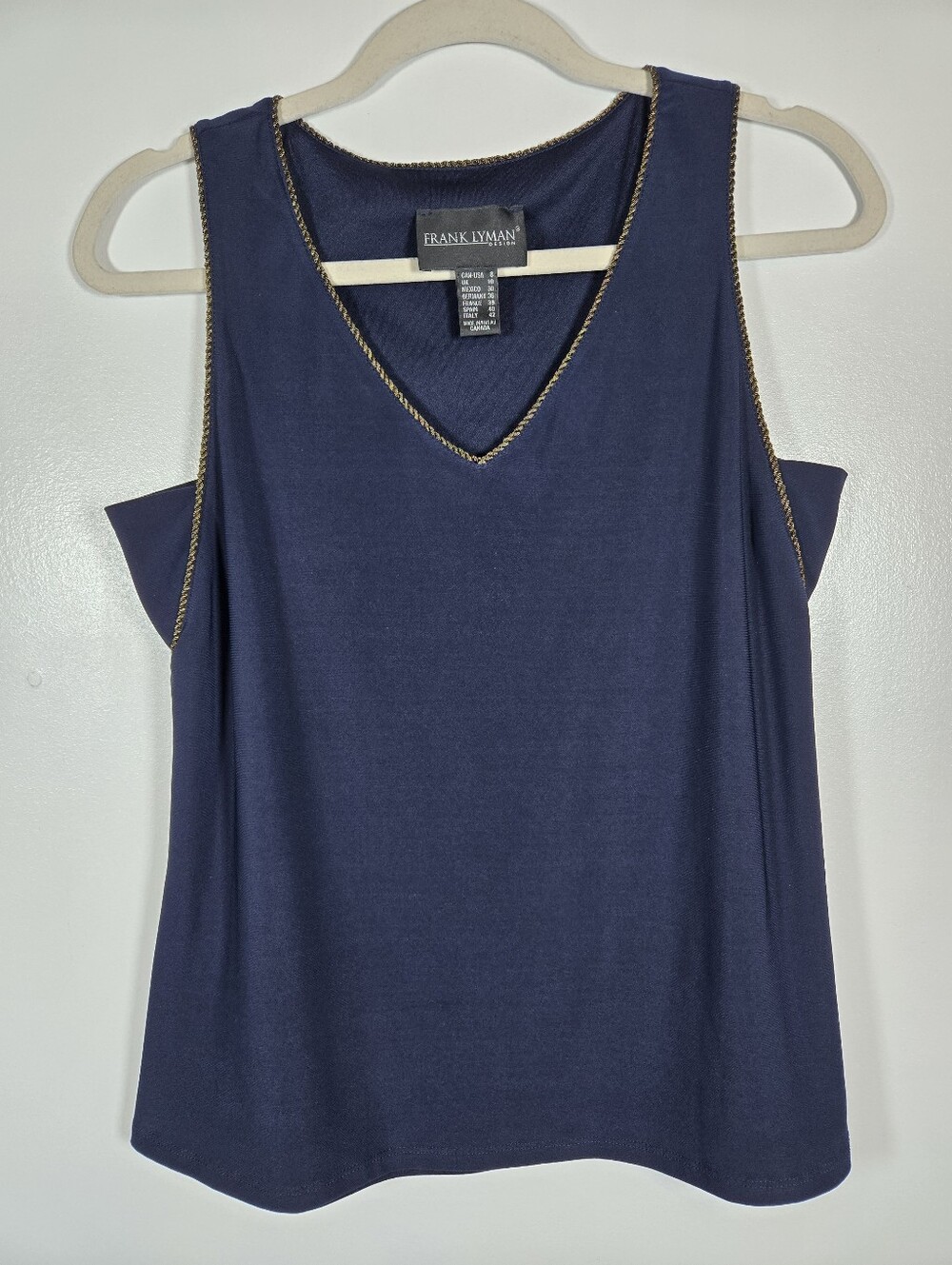 Frank Lyman Design Navy Blue Gold Braided Trim Stretch Sleeveless Tank Top Sz 8